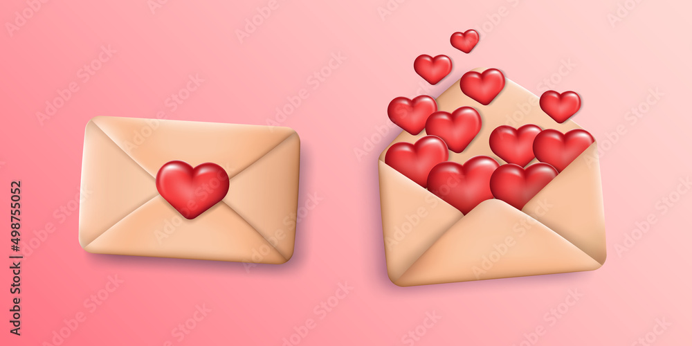 Poster set of two 3d rendering romantic letters isolated on pink gradient background. closed and opened car