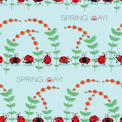 Cartoon ladybird. Cute insect background. Cheerful picture with the inscription spring day. 