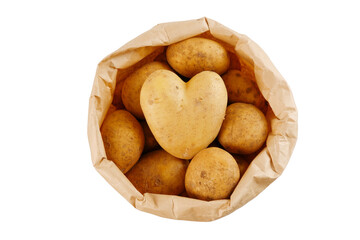 A whole paper bag of potatoes, a heart-shaped tuber on top, isolated on a white background.The...