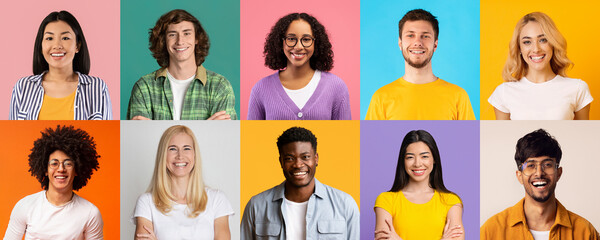 Positive multiethnic men and women posing on colorful backgrounds, collage
