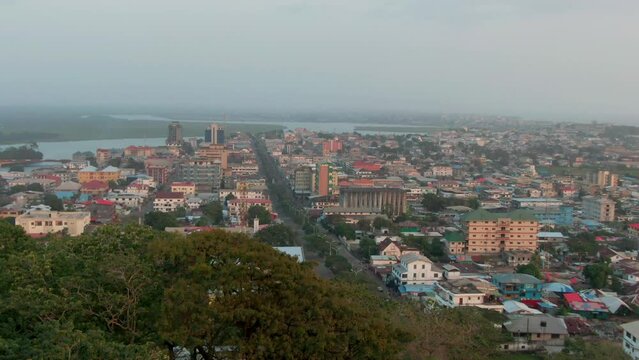 Broad Street and the skyline of Monrovia, Liberia in West Africa