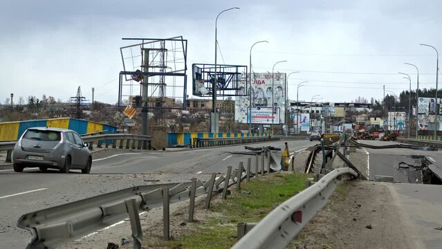 Bucha Gostomel. April 12, 2022 War in Ukraine. Bombed bridge by Russian missiles