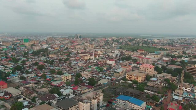 Aerial drone shot of the Skyline of Monrovia, Liberia on a cloudy day