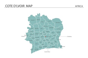 Cote d'lvoir map vector illustration on white background. Map have all province and mark the capital city of Cote d'lvoir.
