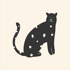 Black cat with white polka dots. Flat design, hand drawn cartoon, vector illustration.