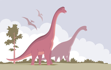 Fototapeta premium Big brachiosaurus with a long neck. Herbivorous dinosaur of the Jurassic period. Vector cartoon illustration. Prehistoric nature background. Wild landscape