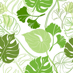 Seamless pattern of green tropical leaves and flowers. Vector illustration for fabric, wrapping paper or wallpaper.