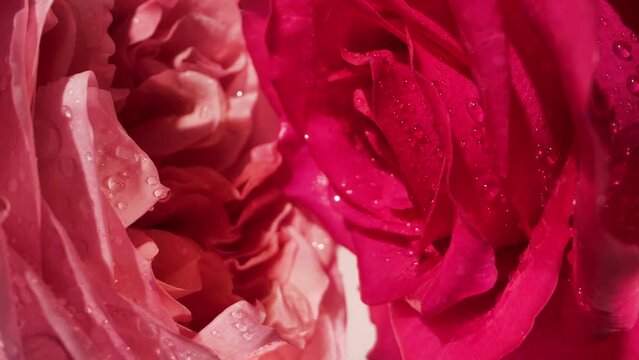 The buds of fresh rose of red and pink shades with water drops in close-up slowly rotate. Slow mo. High quality 4k footage