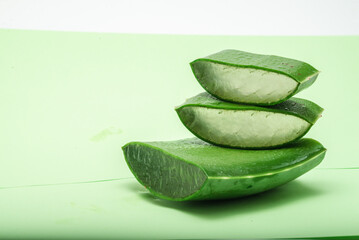 ORGANIC, NATURAL Aloe vera slice on green background,  with copy space. (Aloe barbadensis Mill.,Star cactus, Aloe, Aloin, Jafferabad or Barbados) a very useful herbal medicine for skin  and hair care