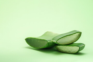 ORGANIC, NATURAL Aloe vera slice on green background,  with copy space. (Aloe barbadensis Mill.,Star cactus, Aloe, Aloin, Jafferabad or Barbados) a very useful herbal medicine for skin  and hair care