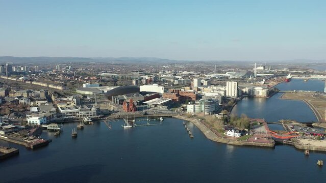 Aerial view of Cardiff Bay, the Capital of Wales, United Kingdom 2022 on a clear sky spring day