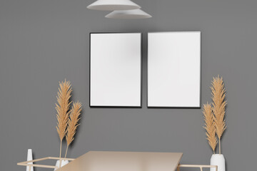 Two Interior posters mock up with empty black frame, 3d rendering