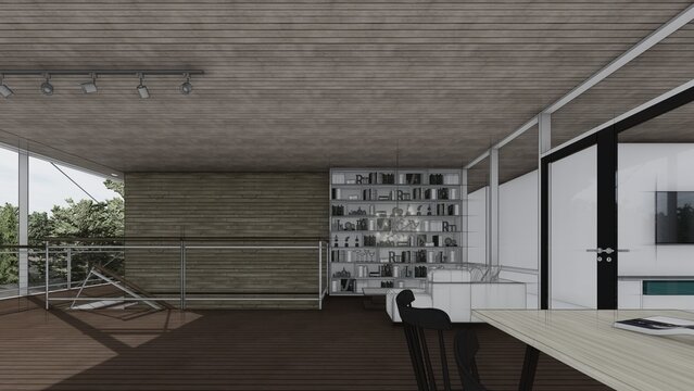 oudoor space in house with book case architectural sketch