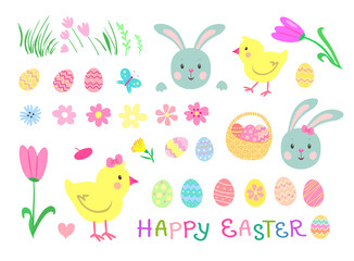 Happy Easter design elements set. Cute cartoon characters. Easter bunny, chickens, eggs,basket and flowers. Vector illustration.