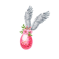 Watercolor Easter egg and angel wings on white background