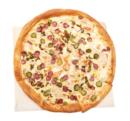 Pizza with sausage and cucumbers on a white background. Close-up