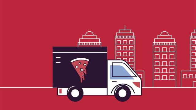 delivery pizza food truck on the city animation