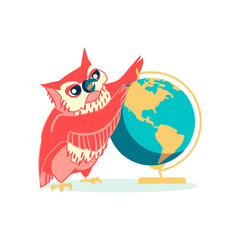 Wise owl with globe. Clever bird teaching at geography lesson or studying school subject. Back to school concept cartoon vector illustration on white background