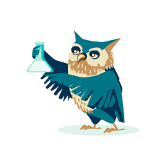 Wise owl holds a flask of liquid. Clever bird teaching at chemistry lesson or studying school subject. Back to school concept cartoon vector illustration on white background