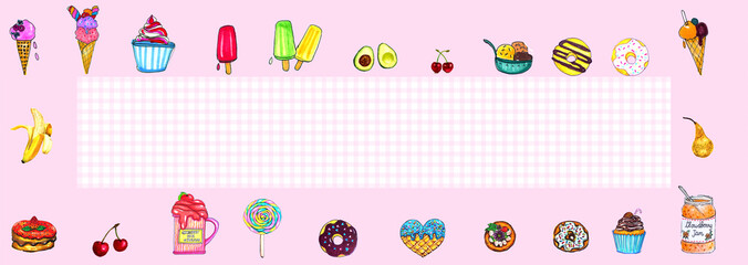 Banner con dolciumi misti, su sfondo a quadretti  e cornice rosa