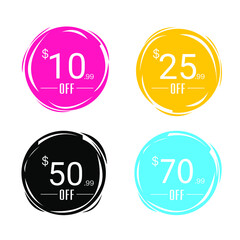 $10.99, $25.99 ,$50.99,$70.99 discount. Discount offer price Illustration, Vector discount symbol