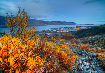 Naklejka na ściany i meble Beautiful autumn arctic landscape. Evening view of the port town on the coast of the bay. Travel to the extreme North of Russia. Egvekinot, Chukotka, Russian Far East. Kresta Gulf, Bering sea.