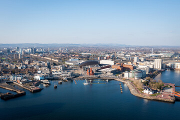 Fototapeta na wymiar Aerial view of Cardiff Bay, the Capital of Wales, United Kingdom 2022 on a clear sky spring day