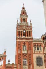 Detailed view at the Giralda Building, tower detail, ornamented building, an iconic Moorish revival architecture building on Badajoz downtown