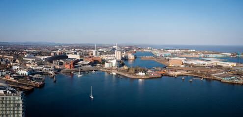 Aerial view of Cardiff Bay, the Capital of Wales, United Kingdom 2022 on a clear sky spring day
