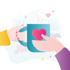 Psychological support for loved one. Girl passes mug full of love to partner hands. Female hand gently gives cup to beloved