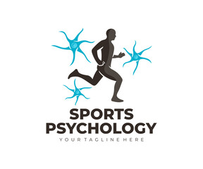 Sports psychology, neurons, runner and sports, logo design. Active lifestyle, mental function, medicine and neurology, vector design and illustration