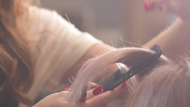 Stylist cuts hair with scissors in salon. barber haircuts for women. master makes fashionable haircut. Close up of hairdresser cutting hair