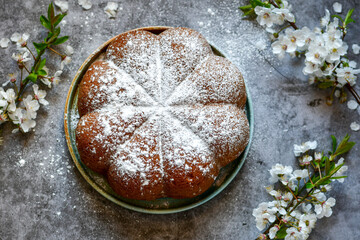 Homemade  Italian style  Easter  bread cake, spring blossom  and  hand colored eggs. Homemade pastry.  Easter holiday baking and decorarion