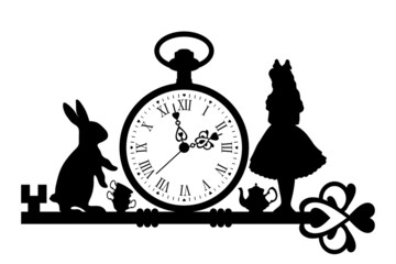 Tea time in Wonderland. White rabbit and Alice . vector illustration, black silhouettes isolated on a white back - 498759858