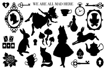 big set of vector illustrations of wonderland. black silhouettes Alice, rabbit, cat, mad hatter, key, tea cup, rose, mushrooms  and other isolated on a white background - 498759861