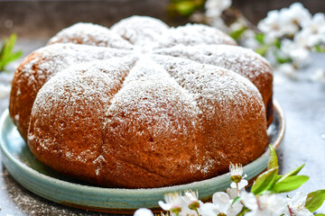 Easter hand painted eggs, and    Traditional italian easter   bread cake . 