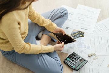 Stressed, Problem business person woman holding and open empty wallet, purse no have money for bill...