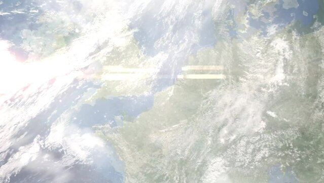Earth zoom in from outer space to city. Zooming on Dunkirk, France. The animation continues by zoom out through clouds and atmosphere into space. Images from NASA