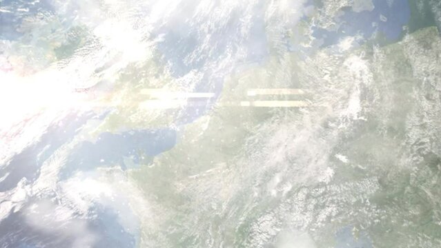 Earth zoom in from outer space to city. Zooming on Mechelen, Belgium. The animation continues by zoom out through clouds and atmosphere into space. Images from NASA