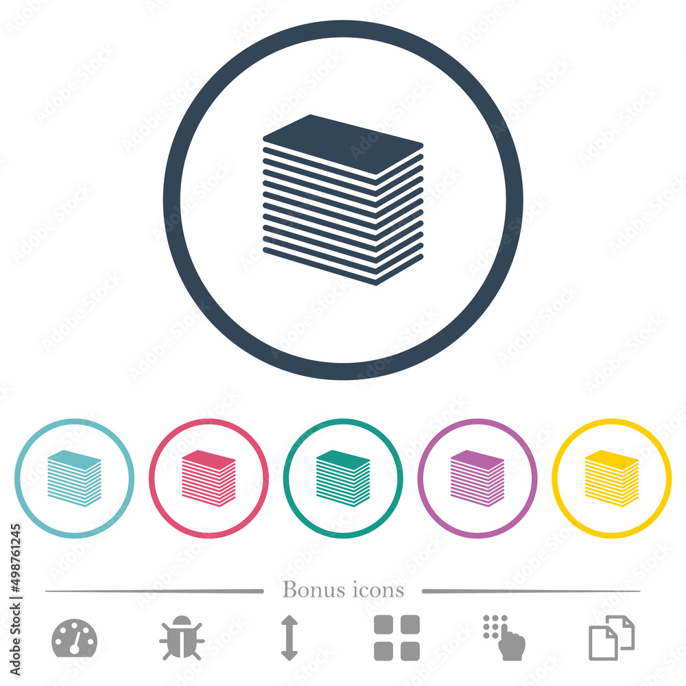 Poster paper stack solid flat color icons in round outlines