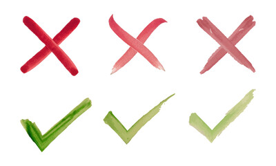 set of watercolor green checkmark and Red cross isolated on white background. yes and no icon. Vector illustration.
