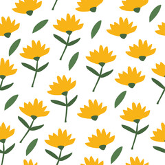 Flower simple minimalistic seamless pattern graphic design for paper, textile print, page fill. Floral background with hand drawn wild flowers, herbs and leaves. Cute design for girls, kids.
