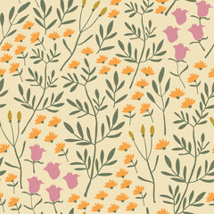 Cute floral pattern in the small flower. Ditsy print. Seamless vector texture. Elegant template for fashion prints. Printing with small white flowers. Light orange background.