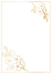 Rectangular postcard template with a frame and branches of sakura, cherry, apple tree, in the corners, a contour image with a golden gradient.