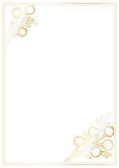Rectangular postcard template with frame and brunia flowers in the corner, gold gradient outline image.