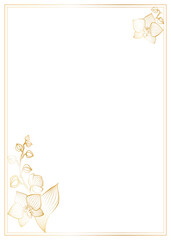 Postcard template with rectangular frame, orchid branches with flowers, buds at the corners, freehand outline drawing with liner, golden gradient.