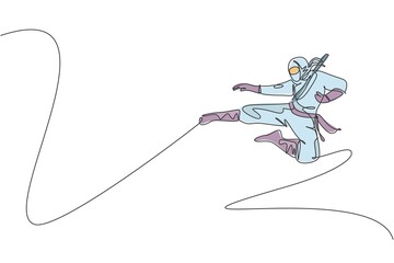 Single continuous line drawing of young Japanese culture ninja warrior with jumping kick attack pose. Martial art fighting samurai concept. Trendy one line draw graphic design vector illustration © Simple Line