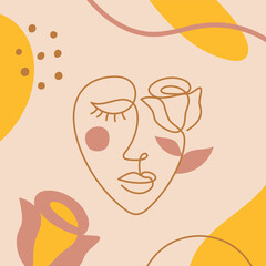 Face of an abstract woman with a rose flower in a modern abstract minimalist one line style. Continuous line faces simple drawing. Vector fashion illustration. Yellow, pink and beige colors.
