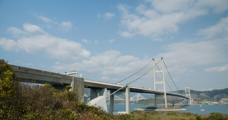 Tsing Ma Suspension bridge in Hong Kong city