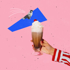Contemporary art collage. Young woman jumping into delicious irish coffee cocktail isolated over pink background.